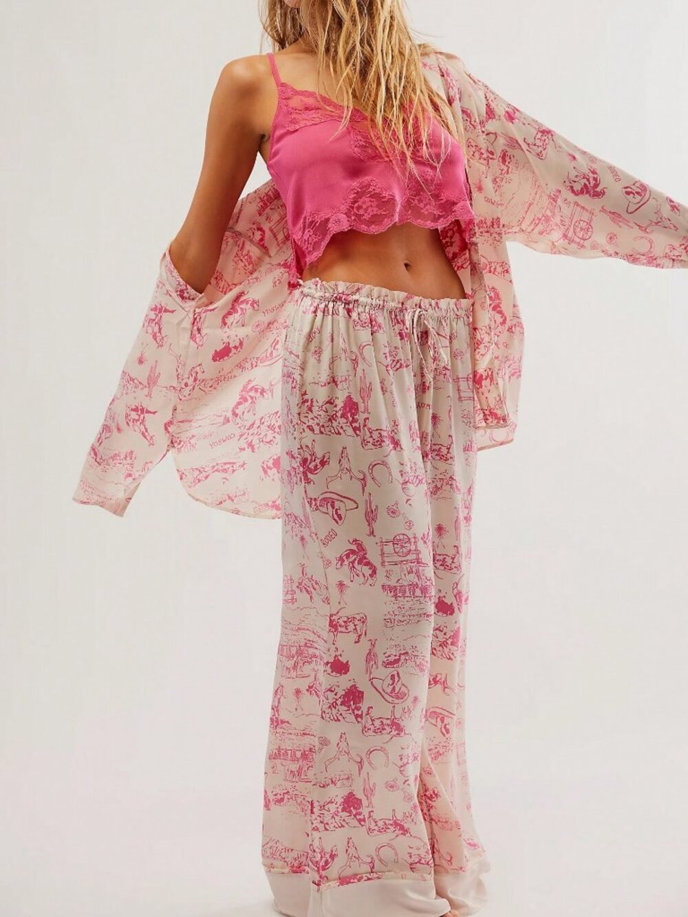 Pink Boho Women's Long Sleeve Shirt & Wide Leg Pants Pajama Set - Picture 2 of 3